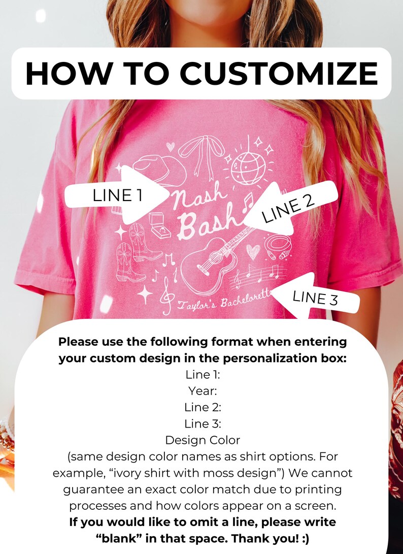 May include: A pink t-shirt with a white graphic design that says "Nash Bash" and "Taylor's Bachelorette". The image shows how to customise the shirt with three lines of text.  The text says "Line 1", "Line 2", and "Line 3".