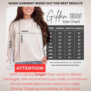 May include: A size chart for Gildan 18000 heavy blended crewneck sweatshirts. The chart shows measurements in inches for width, length, and sleeve length for sizes S through 5XL.