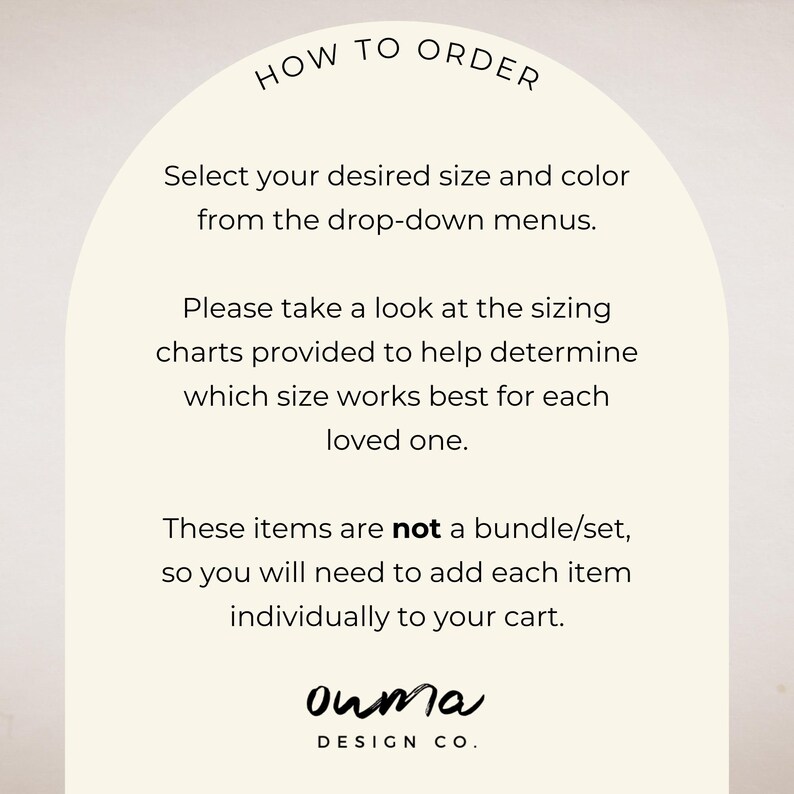 Puede incluir: Gr&aacute;fico color crema con el texto "HOW TO ORDER" en la parte superior. Las instrucciones incluyen seleccionar talla y color, revisar las tablas de tallas y agregar art&iacute;culos individualmente. El logotipo de "ouma DESIGN CO." est&aacute; en la parte inferior.