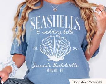 Seashells and Wedding Bells Bachelorette Shirt, Custom Bride Name Location Coastal Beach Bach Party Bridesmaids Matching Comfort Colors Tee