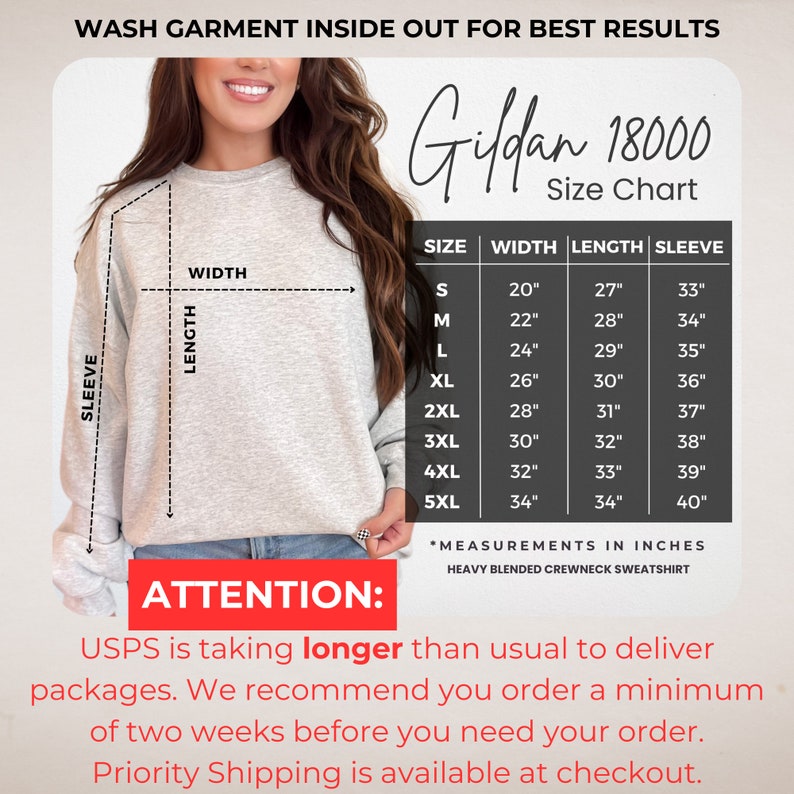 May include: A size chart for Gildan 18000 heavy blended crewneck sweatshirts. The chart shows measurements in inches for sizes S through 5XL, including width, length, and sleeve length.