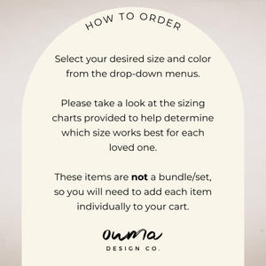May include: Cream-colored graphic with text that reads "HOW TO ORDER." Instructions include selecting size and color, reviewing sizing charts, and adding items individually. The logo for "ouma DESIGN CO." is at the bottom.