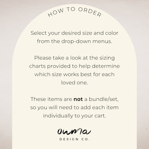 May include: Cream-colored graphic with the text "HOW TO ORDER" at the top. Instructions include selecting size and color, reviewing sizing charts, and adding items individually. The "ouma DESIGN CO." logo is at the bottom.