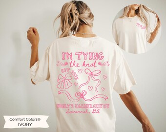 Pink Bow Bachelorette Shirts, Tying the Knot TShirts She's Tying the Knot Bachelorette Merch CustomBachelorette T-shirts BridalParty Gifts
