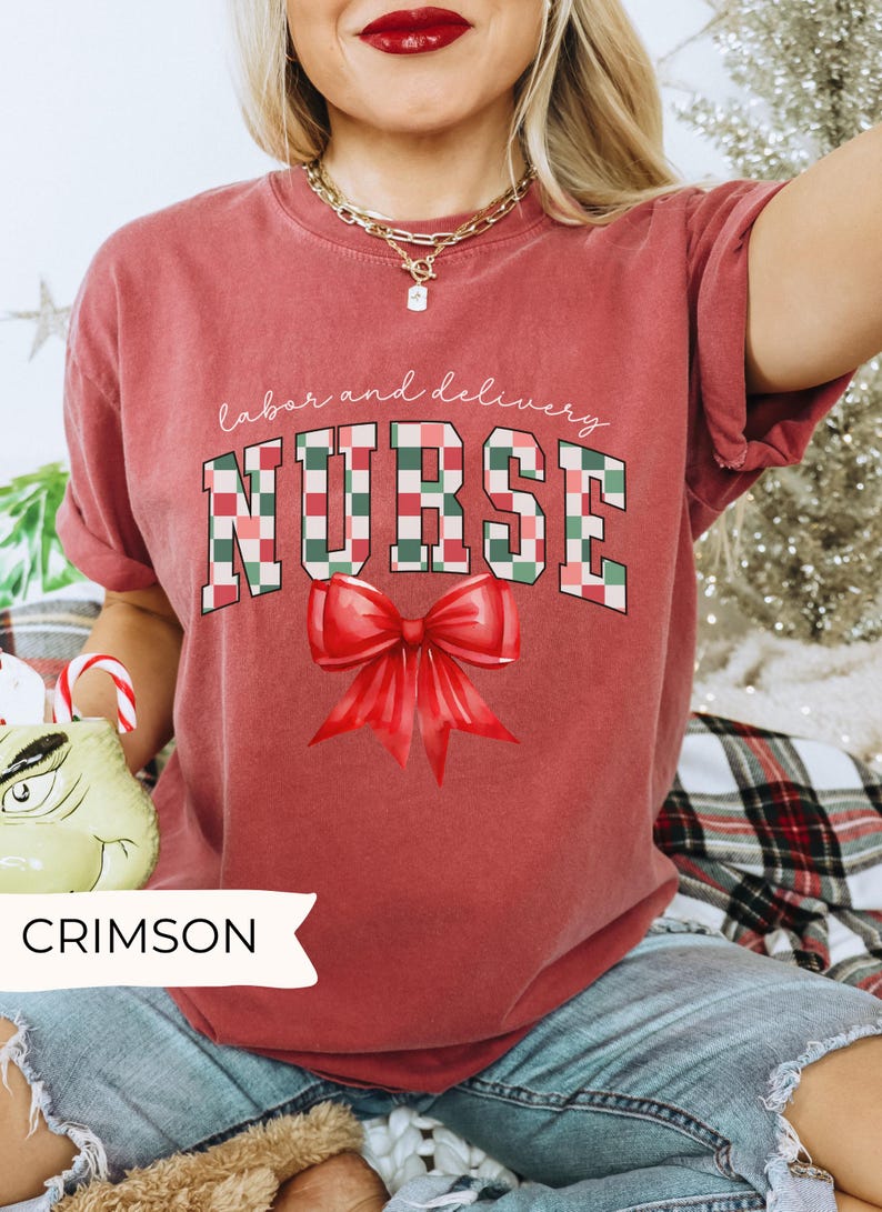 Labor and Delivery Nurse Christmas Shirt, Checkered Bow LD Christmas