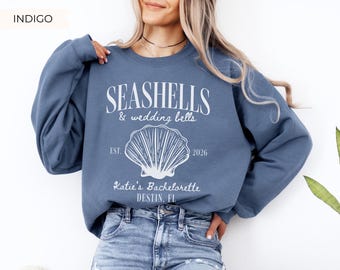 Seashells and Wedding Bells Bachelorette Sweatshirt, Custom Bride Name Location Coastal Beach Bach Party Bridesmaids Matching Shell Crewneck