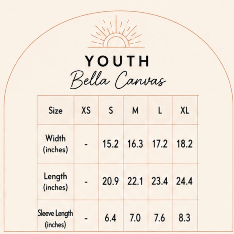 May include: A size chart for Youth Bella Canvas apparel featuring a sun icon at the top. The table lists sizes XS, S, M, L, and XL with corresponding width, length, and sleeve length measurements in inches. The background is a light cream color.