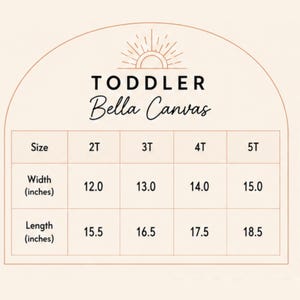 May include: A size chart for Toddler Bella Canvas clothing featuring a sun icon. The table lists sizes 2T, 3T, 4T, and 5T with corresponding width and length measurements in inches. Widths range from 12.0 to 15.0 inches and lengths from 15.5 to 18.5 inches.