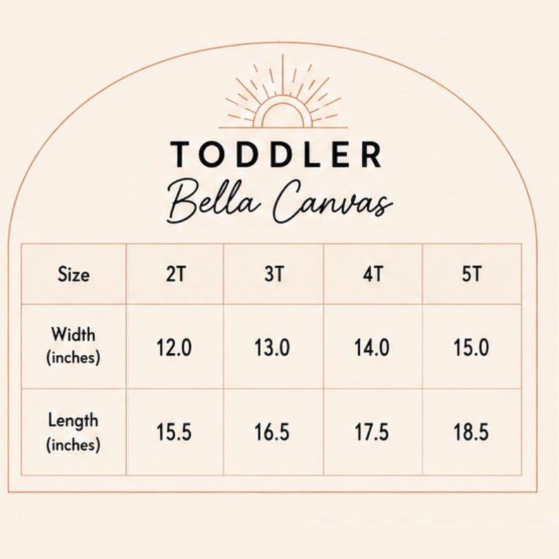 May include: A size chart for Toddler Bella Canvas clothing featuring a sun icon. The table lists sizes 2T, 3T, 4T, and 5T with corresponding width and length measurements in inches. Widths range from 12.0 to 15.0 inches and lengths from 15.5 to 18.5 inches.