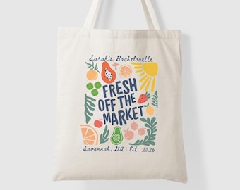 Custom Fresh Off the Market Bridal Shower Gifts, Farmers Market Themed Bachelorette Party Tote Bag, She's Fresh Off the Market Bach Party