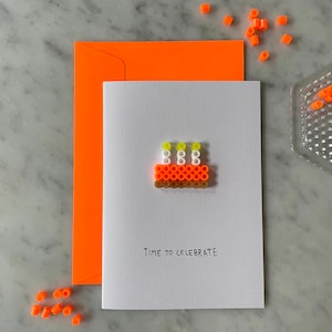 Geburtstagskuchen Cake Klappkarte mit Umschlag Neon Orange/Pink/Gelb | Bügelperlen | 3D | handgemacht | minimalistisch | schlicht