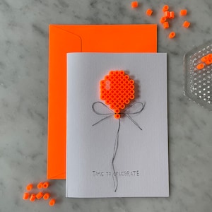 Luftballon Klappkarte mit Umschlag Neon Orange/Gelb/Grün/Pink | Bügelperlen | 3D | handgemacht | minimalistisch | schlicht