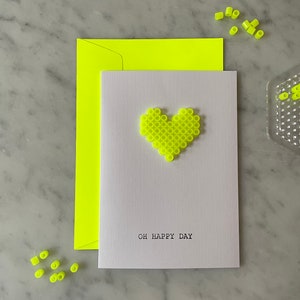 Herz Klappkarte mit Umschlag Neon Gelb/Grün/Pink/Orange | Bügelperlen | 3D | handgemacht | Neon | schlicht