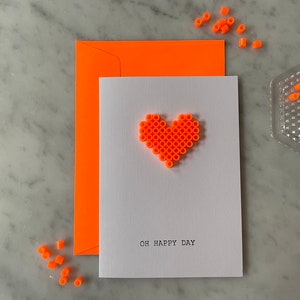 Glückwunschkarte Herz Klappkarte mit Umschlag Neon Orange/Pink/Gelb/Grün | Bügelperlen | 3D | handgemacht | minimalistisch | schlicht