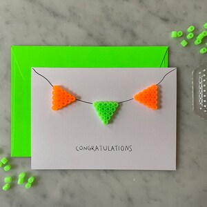 Wimpelkette Klappkarte mit Umschlag Neon Grün/Orange/Gelb/Pink | Bügelperlen | 3D | handgemacht | minimalistisch | schlicht