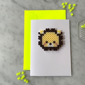 Löwe Tierwelt Kindergeburtstag Einladung Klappkarte mit Umschlag Neon Gelb | Bügelperlen | 3D | handgemacht | minimalistisch | schlicht