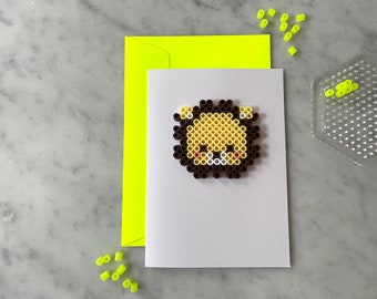 Löwe Tierwelt Kindergeburtstag Einladung Klappkarte mit Umschlag Neon Gelb | Bügelperlen | 3D | handgemacht | minimalistisch | schlicht