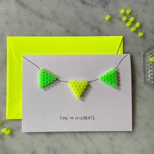 Wimpelkette Klappkarte mit Umschlag Neon Gelb/Grün/Orange/Pink | Bügelperlen | 3D | handgemacht | minimalistisch | schlicht