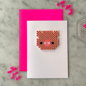 Schwein Glücksschweinchen Geburtstagskarte Klappkarte mit Umschlag Neon Pink | Bügelperlen | 3D | handgemacht | minimalistisch | schlicht