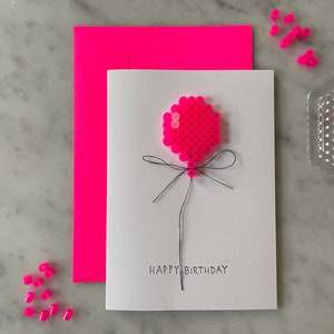 Luftballon Klappkarte mit Umschlag Neon Pink/Orange/Gelb/Grün | Bügelperlen | 3D | handgemacht | minimalistisch | schlicht