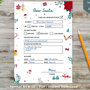 KERSTVERLANGLIJST voor kinderen - Afdrukbare vakantiewens, lieve kerstbrief, kerstverlanglijst, brief aan de kerstman - Instant Download
