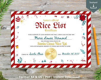 SANTA NICE LIST Certificate for kids - Printable Nice List Certificate, Santa's Official Document Girl Boy - Instant Download