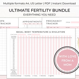 May include: A printable fertility tracker bundle with a pink and white color scheme. The bundle includes a basal body temperature and ovulation tracker, an ovulation predictor kit tracker, a pregnancy tracker, and an appointments tracker. The text "ULTIMATE FERTILITY BUNDLE EVERYTHING YOU NEED" is at the top of the page. The text "WITH LOVE FROM A MOM" is in a pink circle at the bottom of the page.