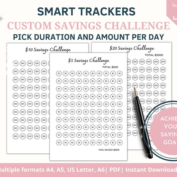 CUSTOM SAVINGS CHALLENGE Duration/Amount - Money Savings Challenge, Savings Tracker, Penny, Dollar Challenge, Savings Challenge, Printable