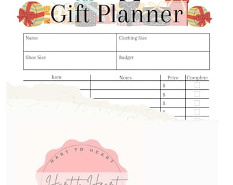 May include: A printable gift planner with a pink and white color scheme. The planner has sections for name, clothing size, shoe size, budget, item, notes, price, and complete. The planner also features a logo for Hart to Heart Crystals and Crafts.