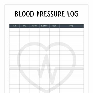 May include: A black and white printable blood pressure log with a gray heart and EKG symbol in the center. The log has columns for date, time, systolic, diastolic, pulse, and notes.