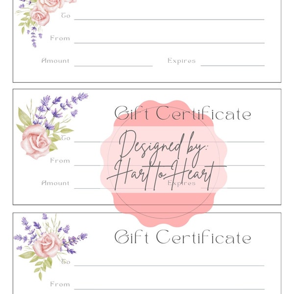 Blank Gift Certificates Spring Floral Roses