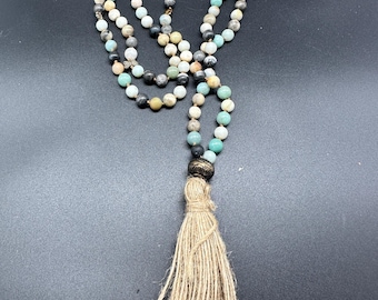 Hand-Knotted Amazonite Mala with Mixed Metal Accents & Jute Tassel