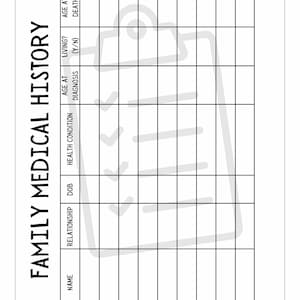 May include: A printable family medical history chart with columns for name, relationship, date of birth, health condition, age at diagnosis, living status, and age at death.