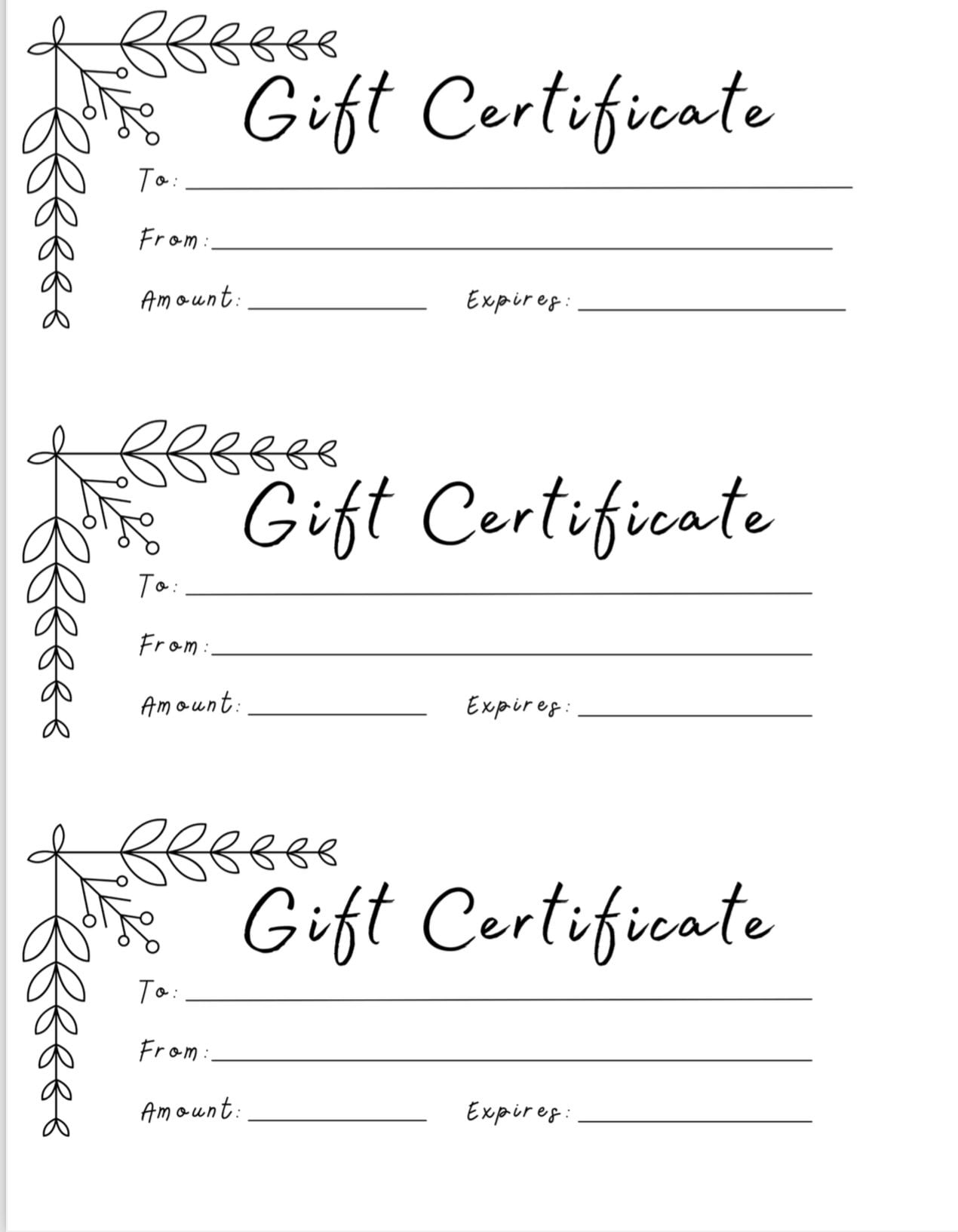 Blank Gift Certificates Olive Branch Etsy