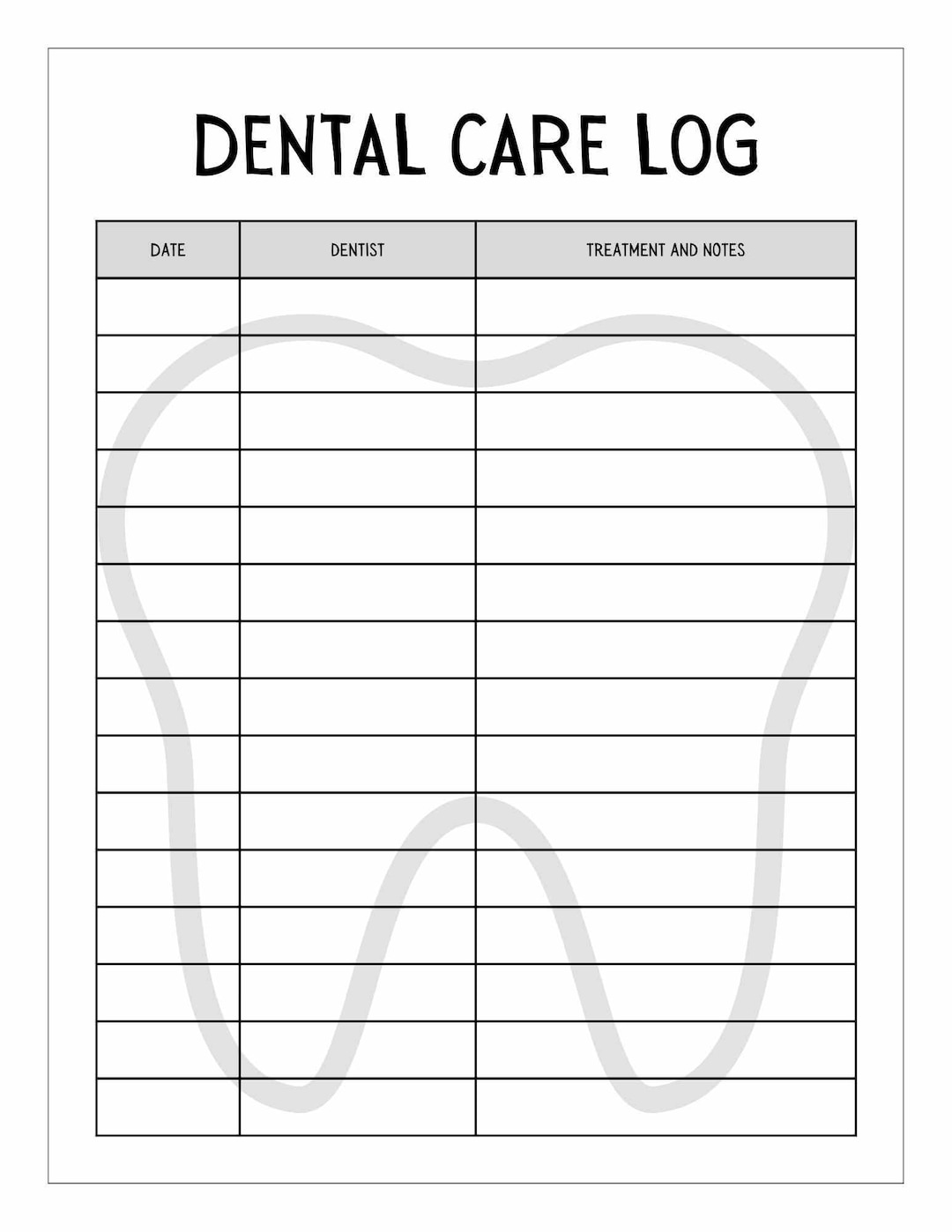 Dental Care Log Journal Tracker Log Etsy