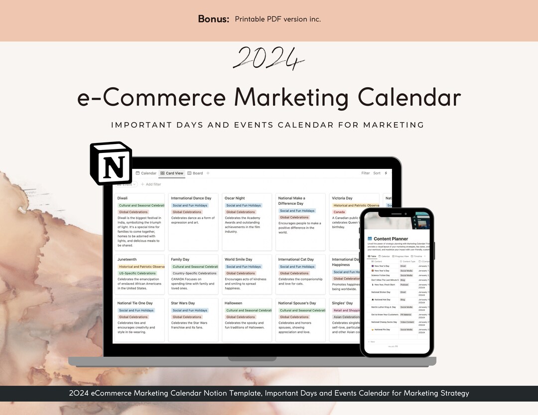 Buy 2024 Marketing Calendar Notion Template, Important Days