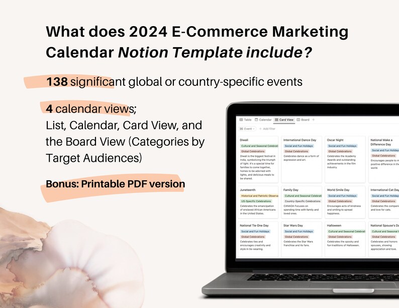 Buy 2024 Marketing Calendar Notion Template, Important Days