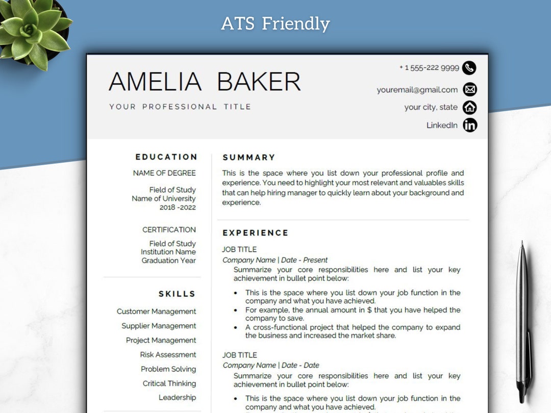 Modern ATS Friendly Resume Template for Microsoft Word Cover Letter and ...