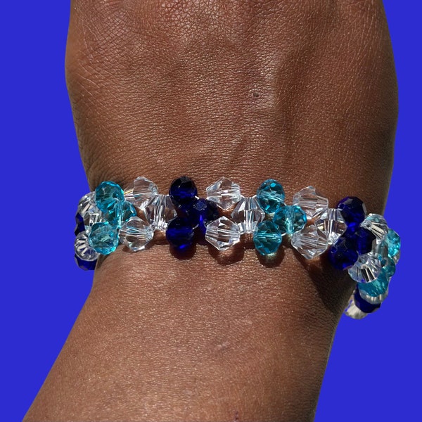 Blue Crystal Beaded Bracelet, made with clear, light blue, royal blue 8mm Bicone Beads, lobster clasp with 2" extention, handmade