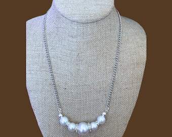 Pearl Beaded Necklace - white glass pearls, acrylic bead, rhinestone spacers, hematite, stainless steel chain, toggle clasp, about 18"