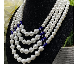 Royal Blue and White Pearl Necklace, With Royal Blue and White Glass Pearls, Silver Hematite Beads, Handcrafted and custom-made.