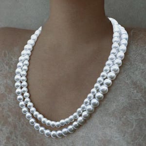 Classic 2 Strand Pearl Necklace, with High-Quality Glass Pearls, Silver Accents, three different bead sizes, With silver clasp, handcrafted.
