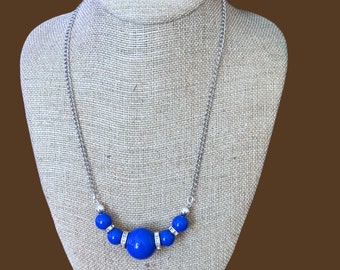 Royal Blue Beaded Necklace - royal blue acrylic beads, rhinestone spacers, hematite beads, stainless steel chain, toggle clasp, about 18"