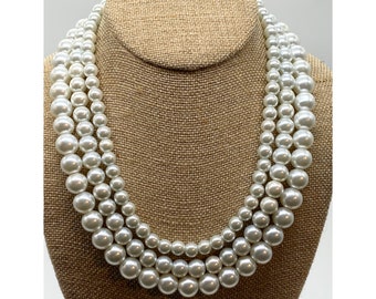 Classic 3 Strand Pearl Necklace, with High-Quality Glass Pearls, Silver Accents, three different bead sizes, With silver clasp, handcrafted