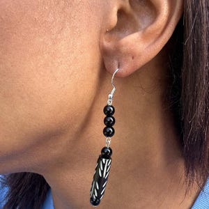 Natural Black Onyx and Wood Drop Earrings, genuine black onyx beads, oblong painted wood beads, hypoallergenic, 3&quot; length, silver accent