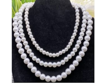 Classic Pearl Necklace, High-quality white glass pearls, Silver Clasp, Choose Bead Size 8mm, 10mm, or 12mm, Handcrafted, toggle clasp
