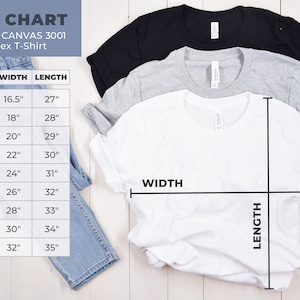 Op de afbeelding: Maattabel voor Bella + Canvas 3001 unisex T-shirts. De tabel toont de breedte- en lengtemaat in inches voor maten XS tot 5XL.