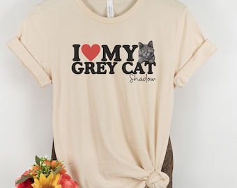 Gepersonaliseerd T-shirt I love my grijze kat, cadeau voor grijze kattenliefhebber, T-shirt voor katteneigenaar, shirt met ronde hals kattenthema cadeau, top kattenmoeder