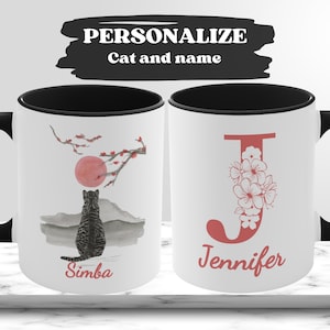 Japanese cherry blossom mug with cat and personalized name, Sakura mug gift for cat lover, Custom name Japanese cat mug, Sakura gift