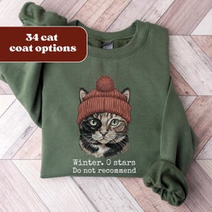 Può includere: Felpa verde con un gatto che indossa un cappello di lana rosso con un pompon. Il gatto ha pelo nero, grigio e bianco e occhi verdi. Il testo sulla felpa recita "Winter. 0 stars Do not recommend" e "34 cat coat options".